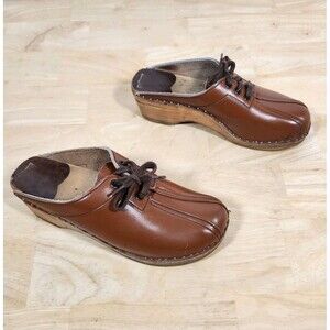 BASTAD Original Brown Leather Mules Wood Sole Clogs EU 39 US 8.5 Lagenlook Boho
